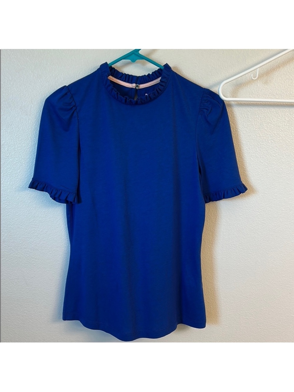Boden Royal Blue Ruffle Mock-Neck Short Sleeve Top
